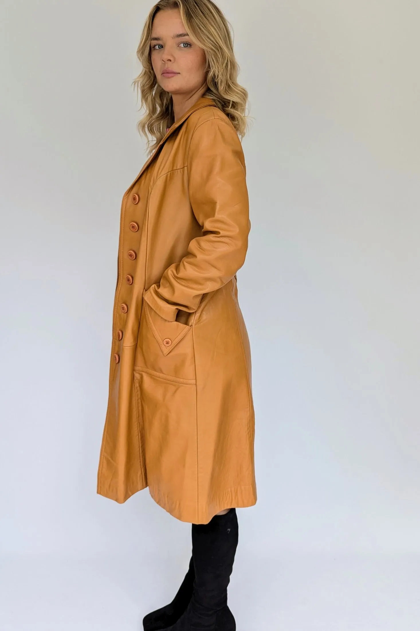 1970's Long Leather Tan Coat