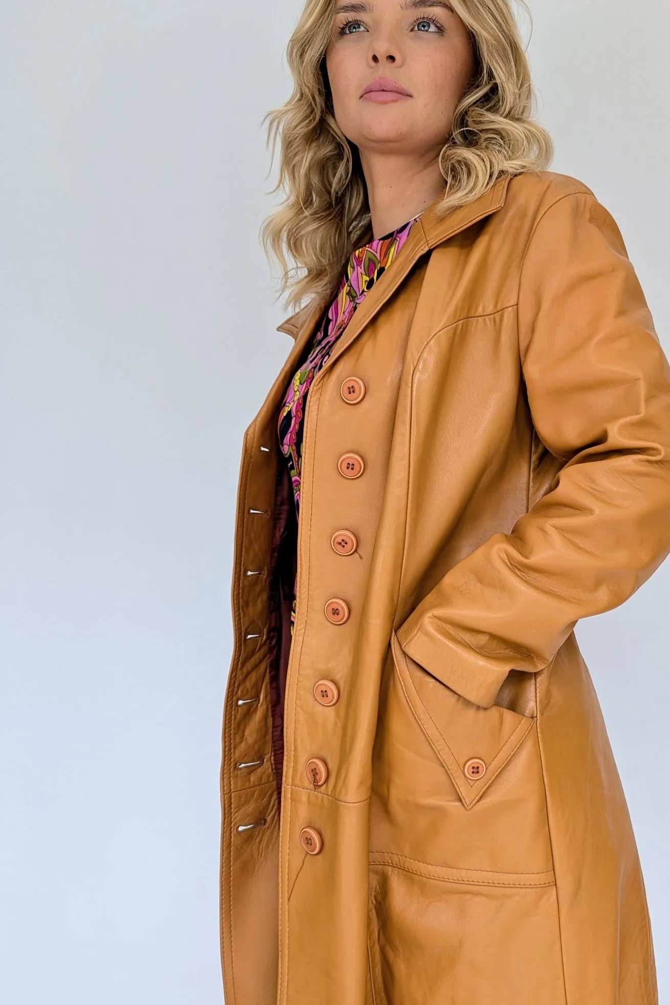 1970's Long Leather Tan Coat