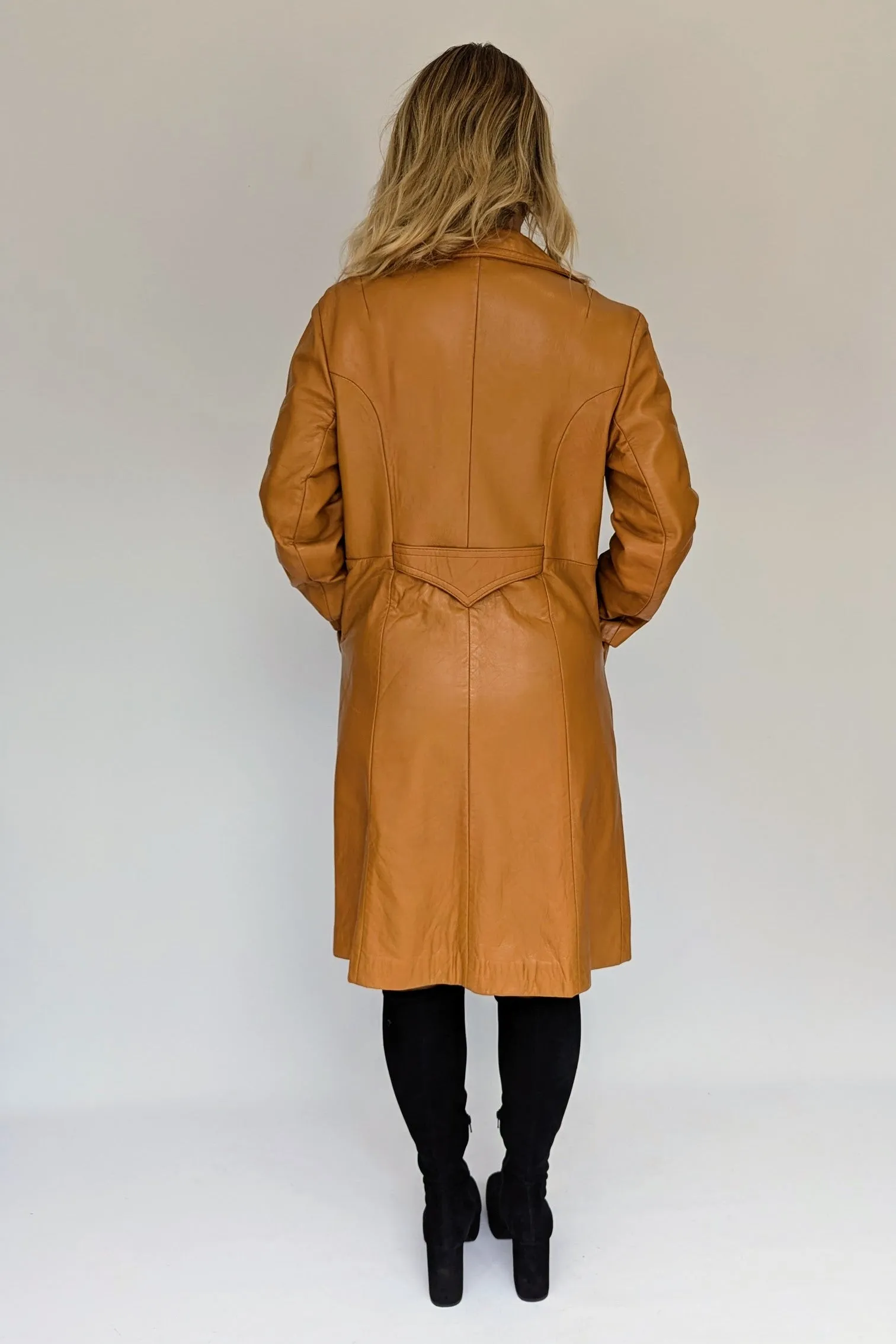 1970's Long Leather Tan Coat