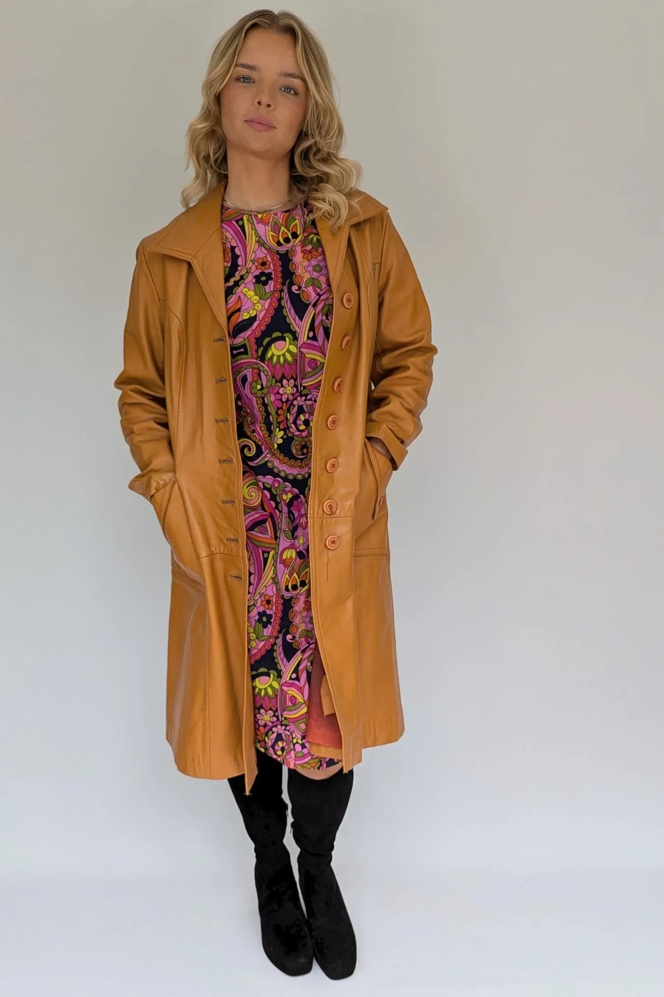 1970's Long Leather Tan Coat
