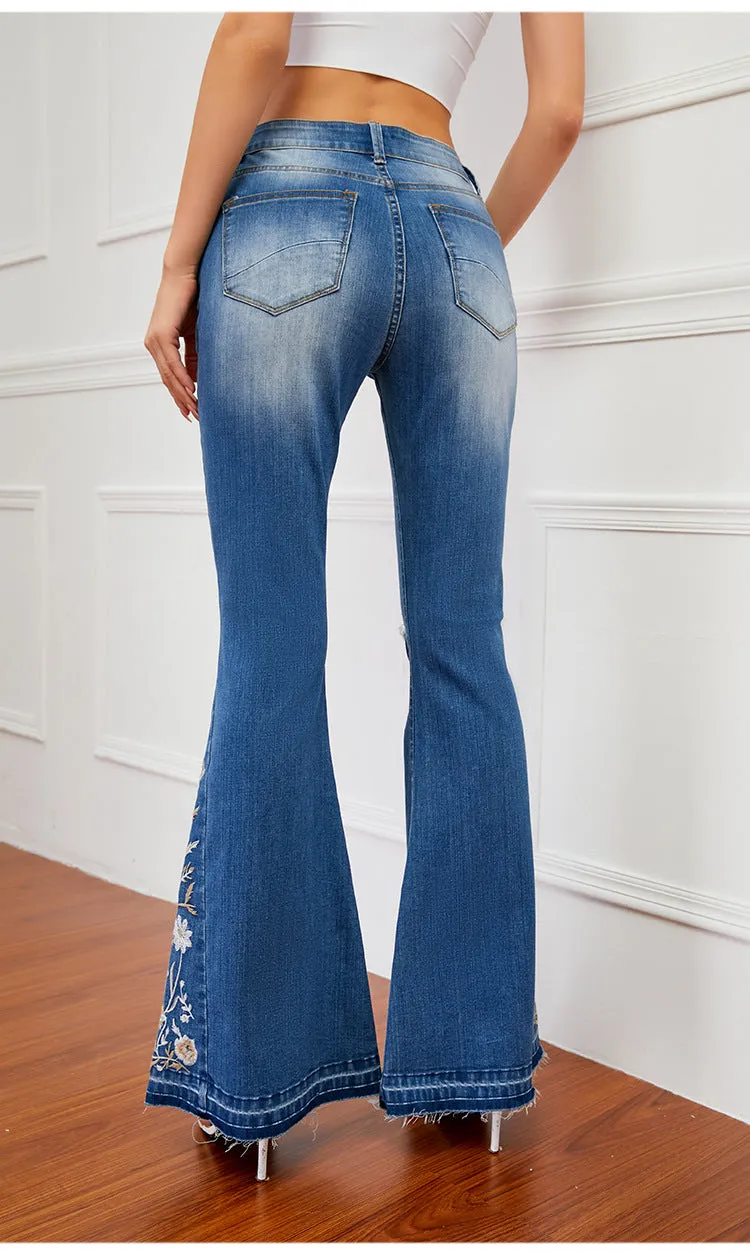 3D Embroidered Trousers Flared Jeans