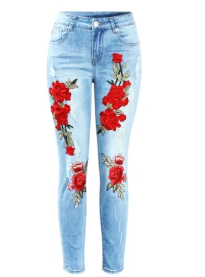 3D Embroidery Flowers Woman Denim Pants