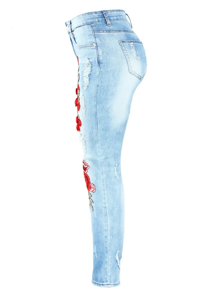 3D Embroidery Flowers Woman Denim Pants