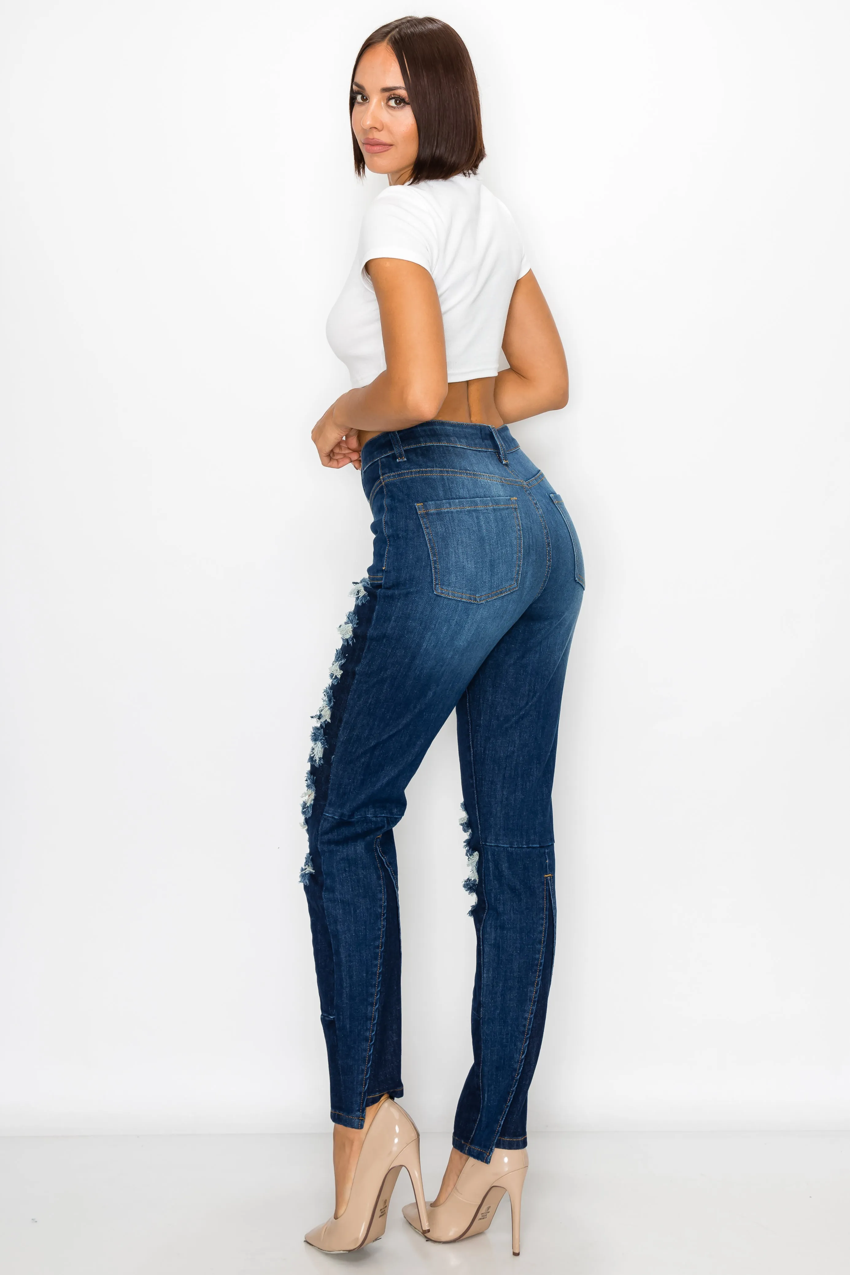 40405 Women's High Waisted Multi Panel Distressed Straight Jeans