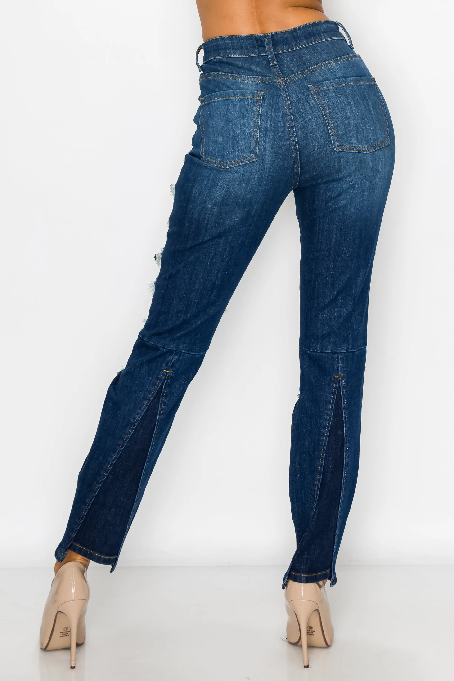 40405 Women's High Waisted Multi Panel Distressed Straight Jeans