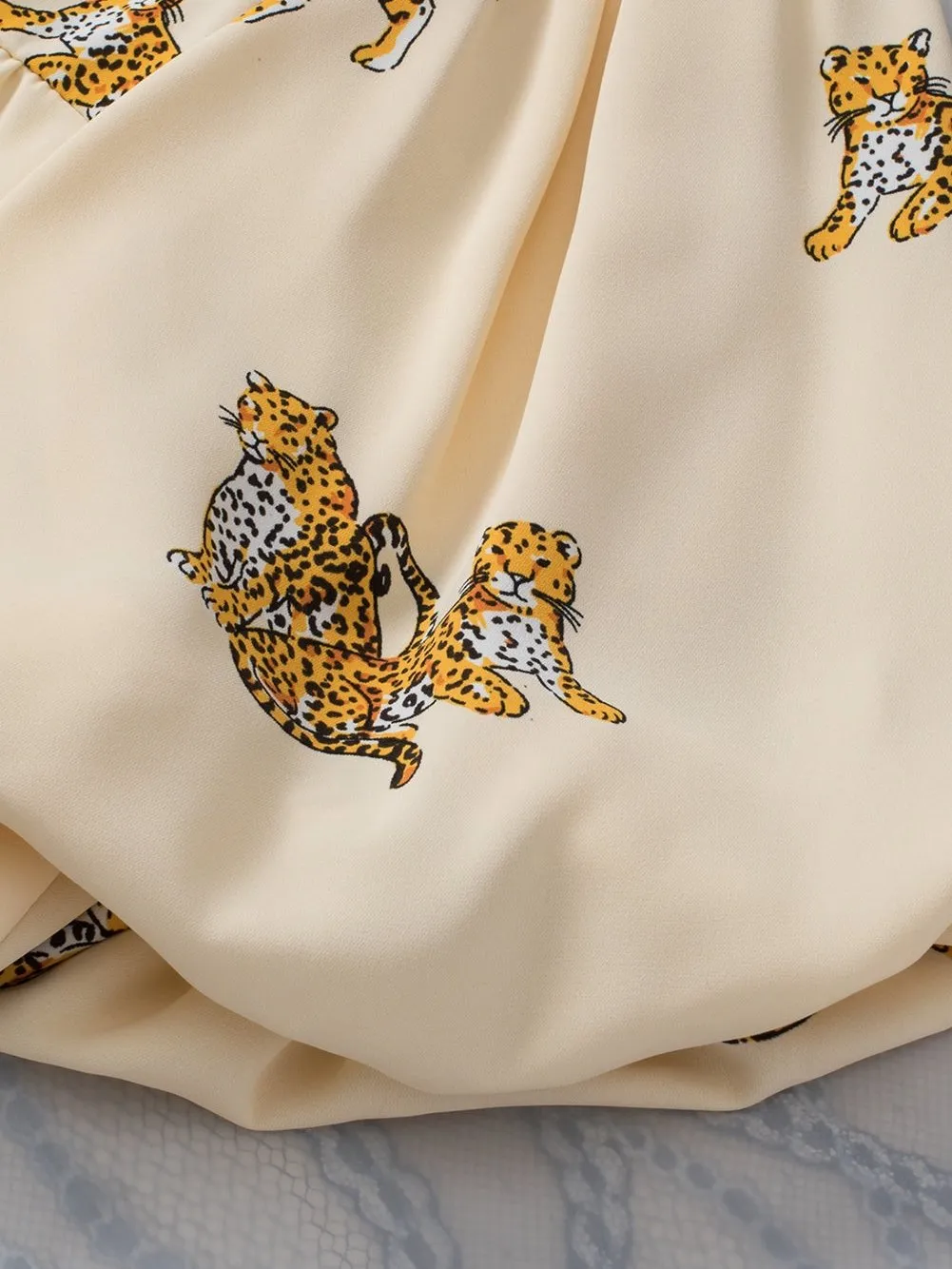 Apricot Leopard Print V-Neck Puff Half Sleeve Blouse