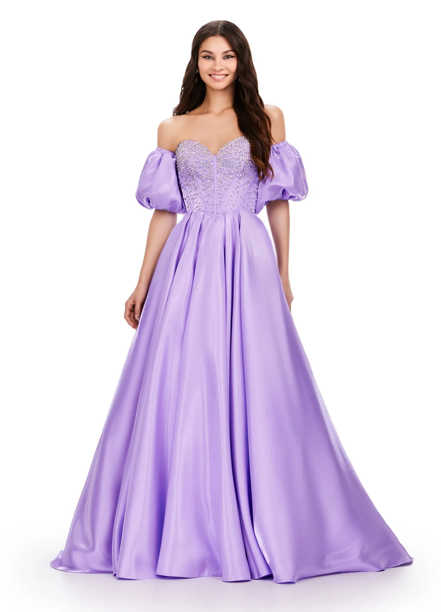 Ashley Lauren 11642 Satin A Line Crystal Corset Prom Dress Puff Sleeve Ballgown Pageant