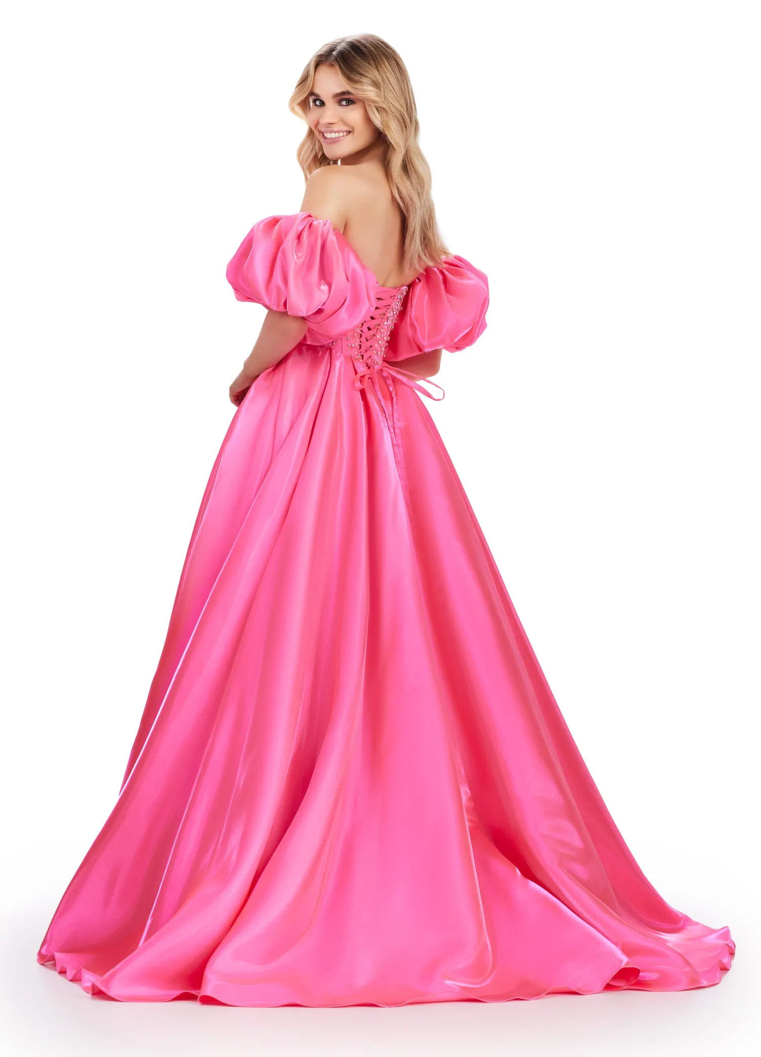 Ashley Lauren 11642 Satin A Line Crystal Corset Prom Dress Puff Sleeve Ballgown Pageant