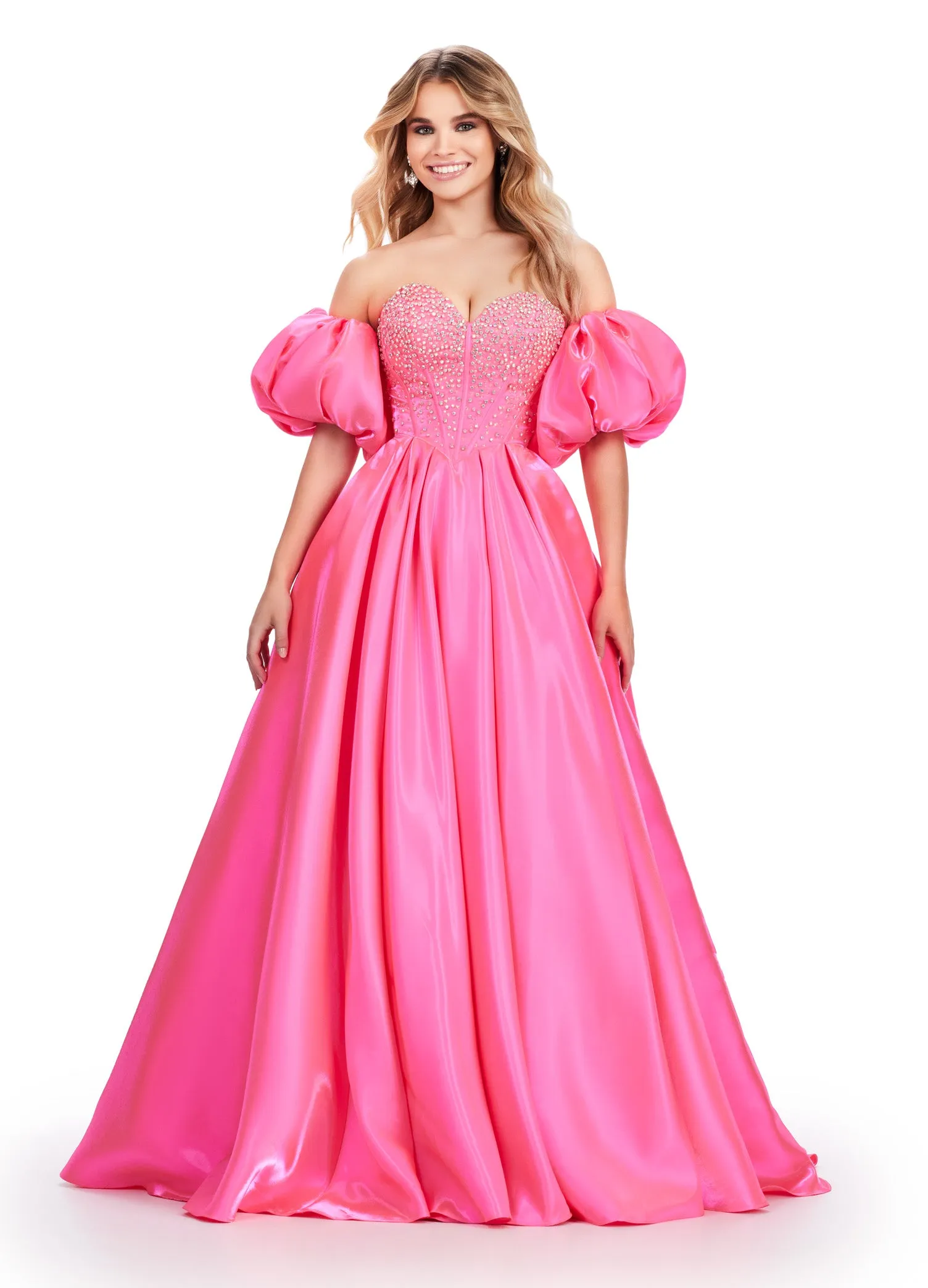 Ashley Lauren 11642 Satin A Line Crystal Corset Prom Dress Puff Sleeve Ballgown Pageant