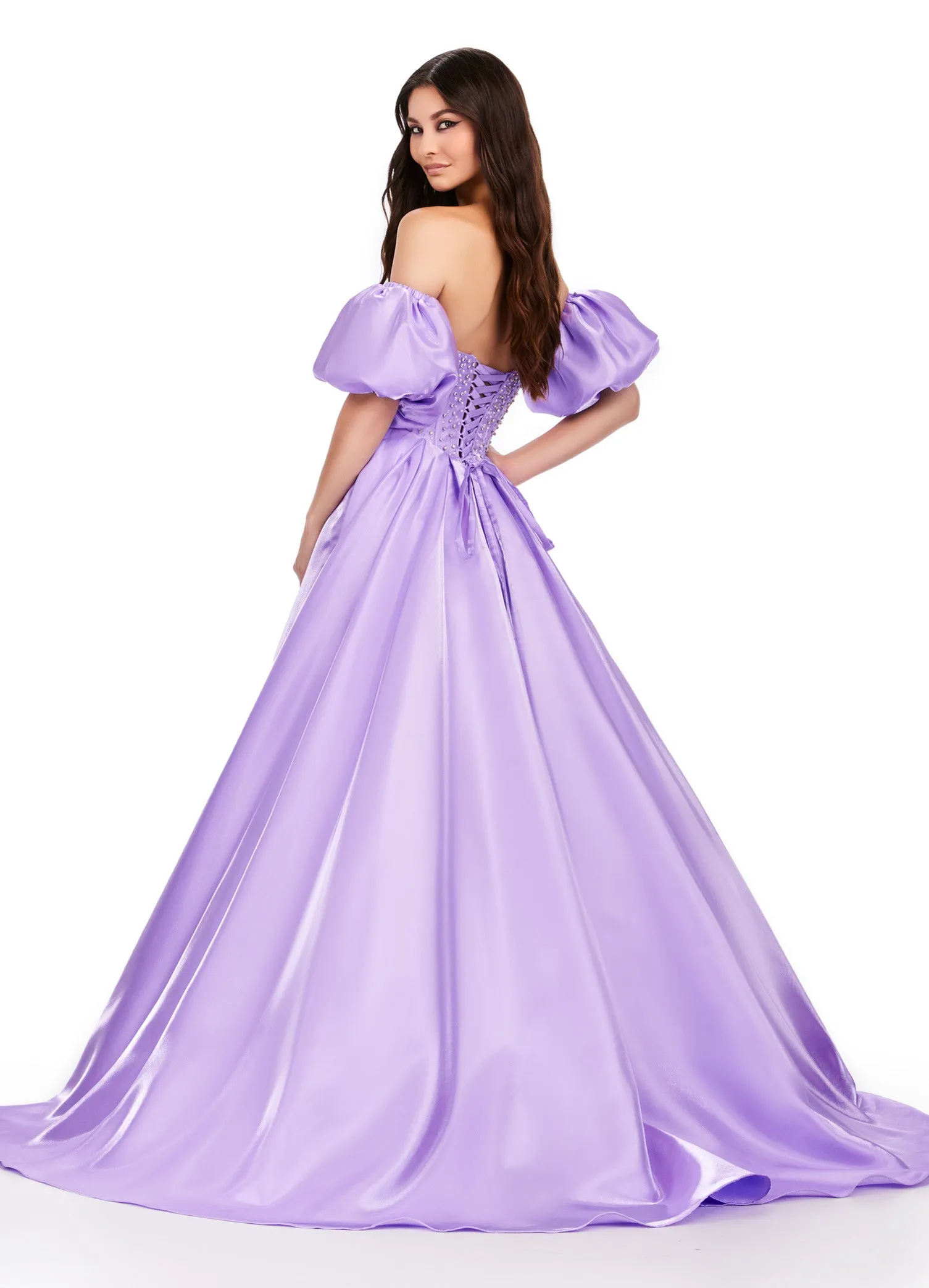 Ashley Lauren 11642 Satin A Line Crystal Corset Prom Dress Puff Sleeve Ballgown Pageant