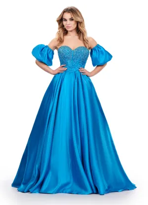 Ashley Lauren 11642 Satin A Line Crystal Corset Prom Dress Puff Sleeve Ballgown Pageant