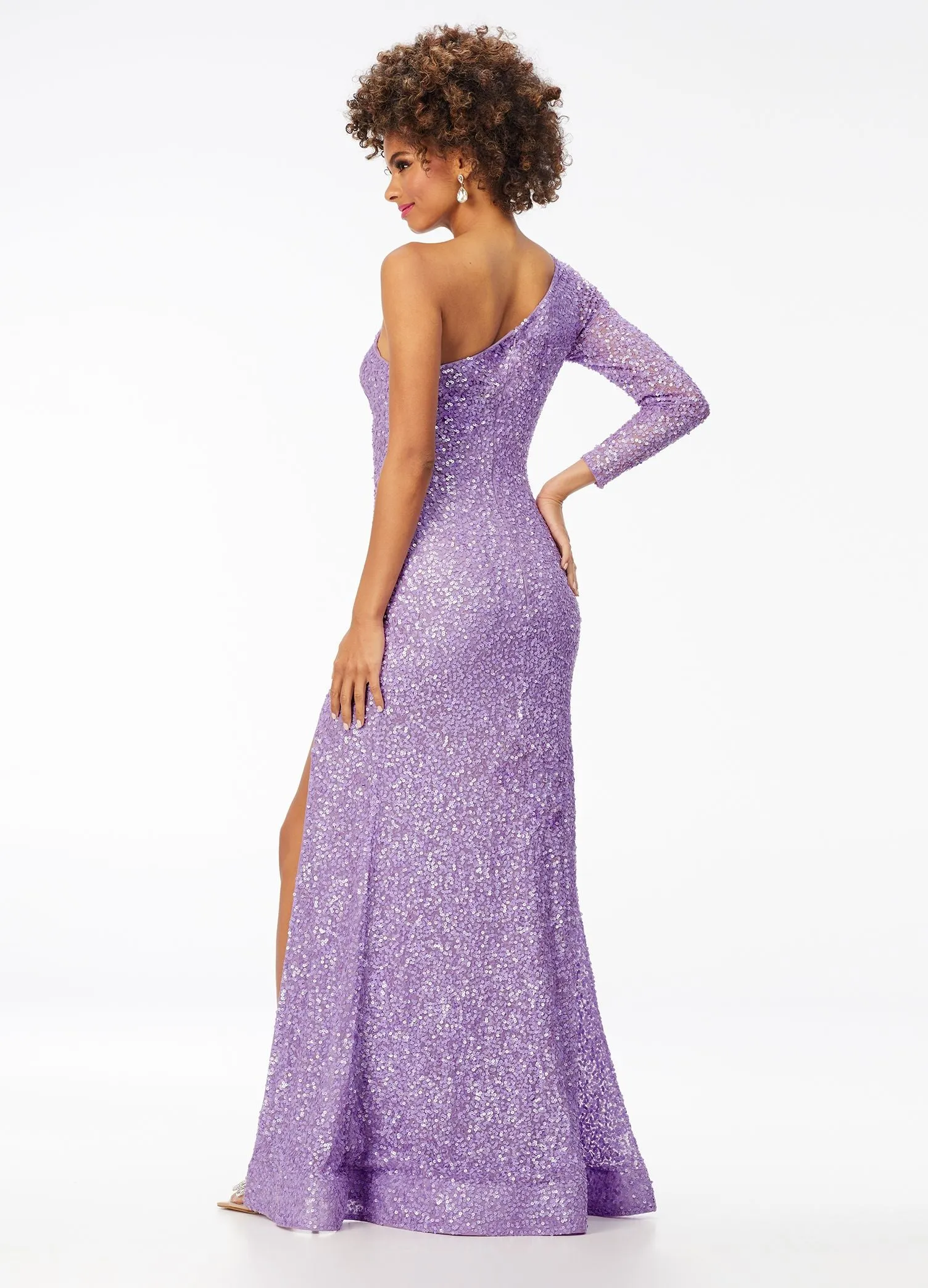 Ashley Lauren 1977 Prom Pageant Dress One Sleeve Fully Beaded Long Formal Dress with High Side Slit