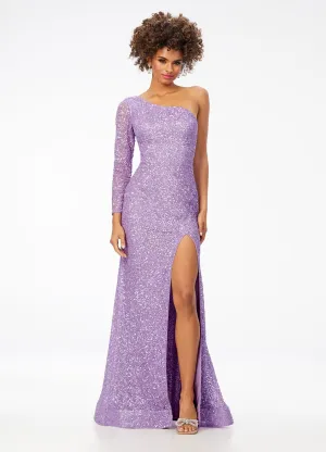 Ashley Lauren 1977 Prom Pageant Dress One Sleeve Fully Beaded Long Formal Dress with High Side Slit
