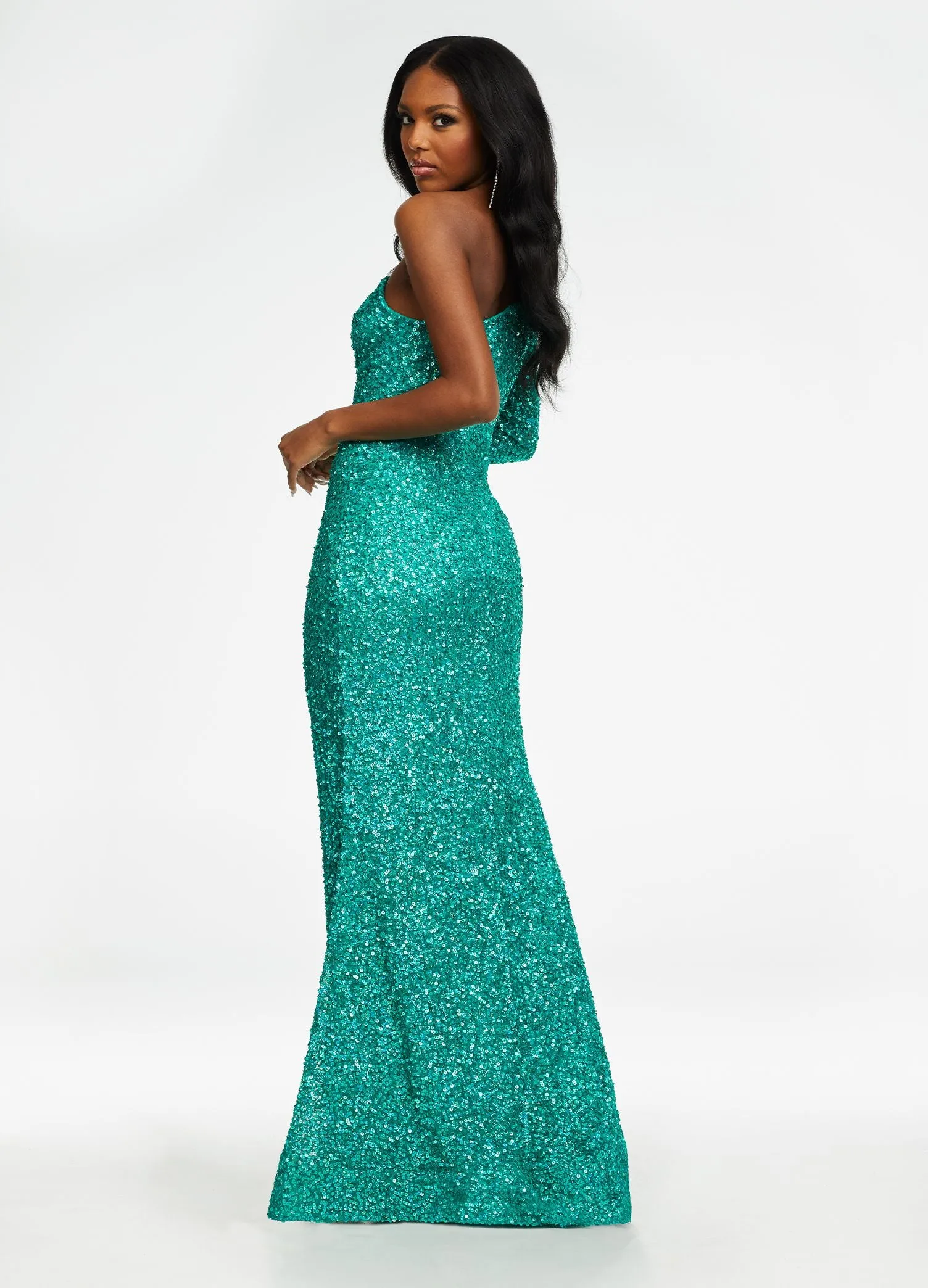 Ashley Lauren 1977 Prom Pageant Dress One Sleeve Fully Beaded Long Formal Dress with High Side Slit