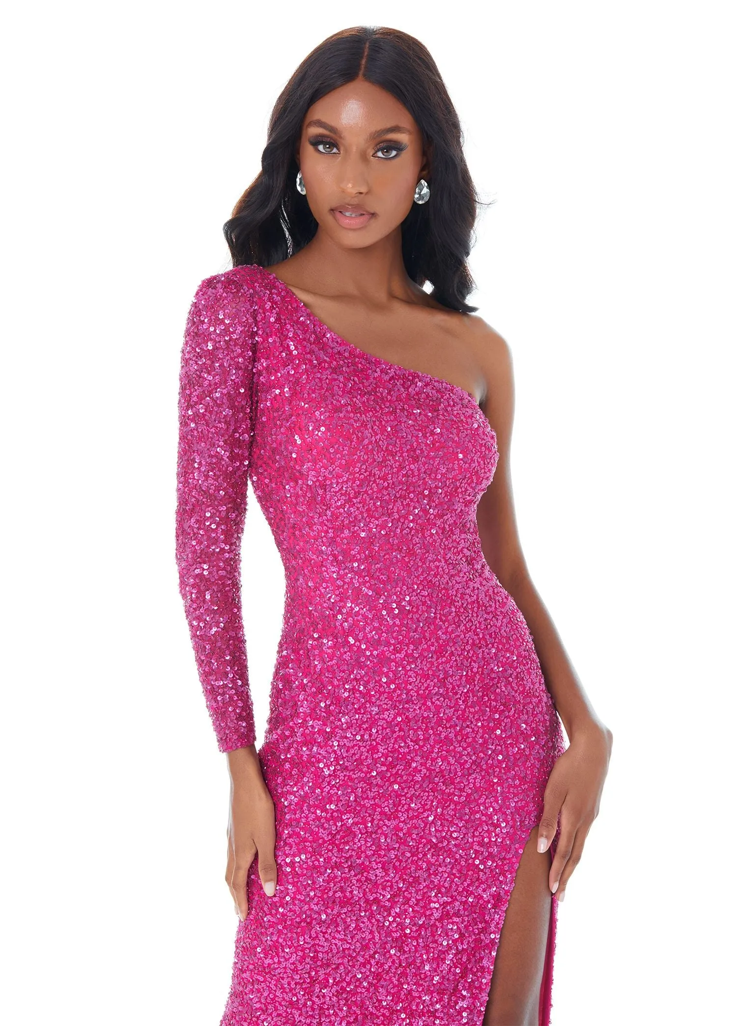 Ashley Lauren 1977 Prom Pageant Dress One Sleeve Fully Beaded Long Formal Dress with High Side Slit
