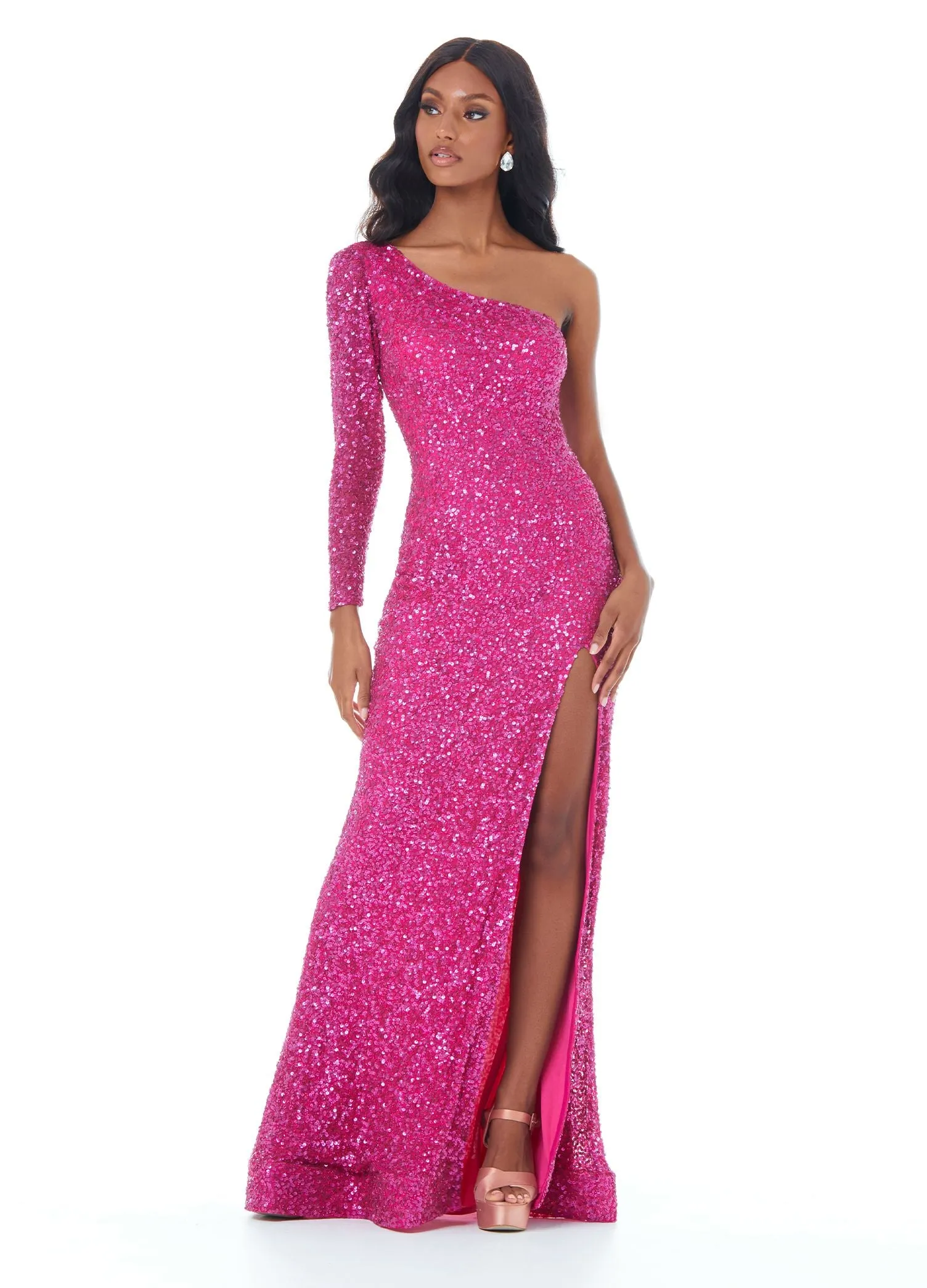 Ashley Lauren 1977 Prom Pageant Dress One Sleeve Fully Beaded Long Formal Dress with High Side Slit