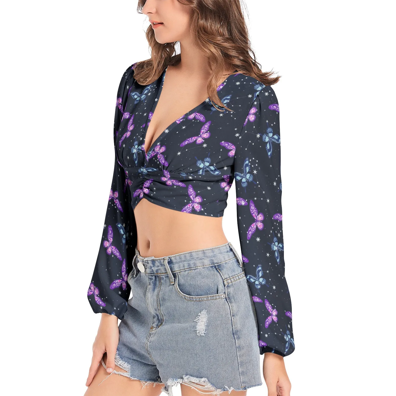 Astral Butterflies Women's Deep V-Neck Lantern Sleeve Crop Top