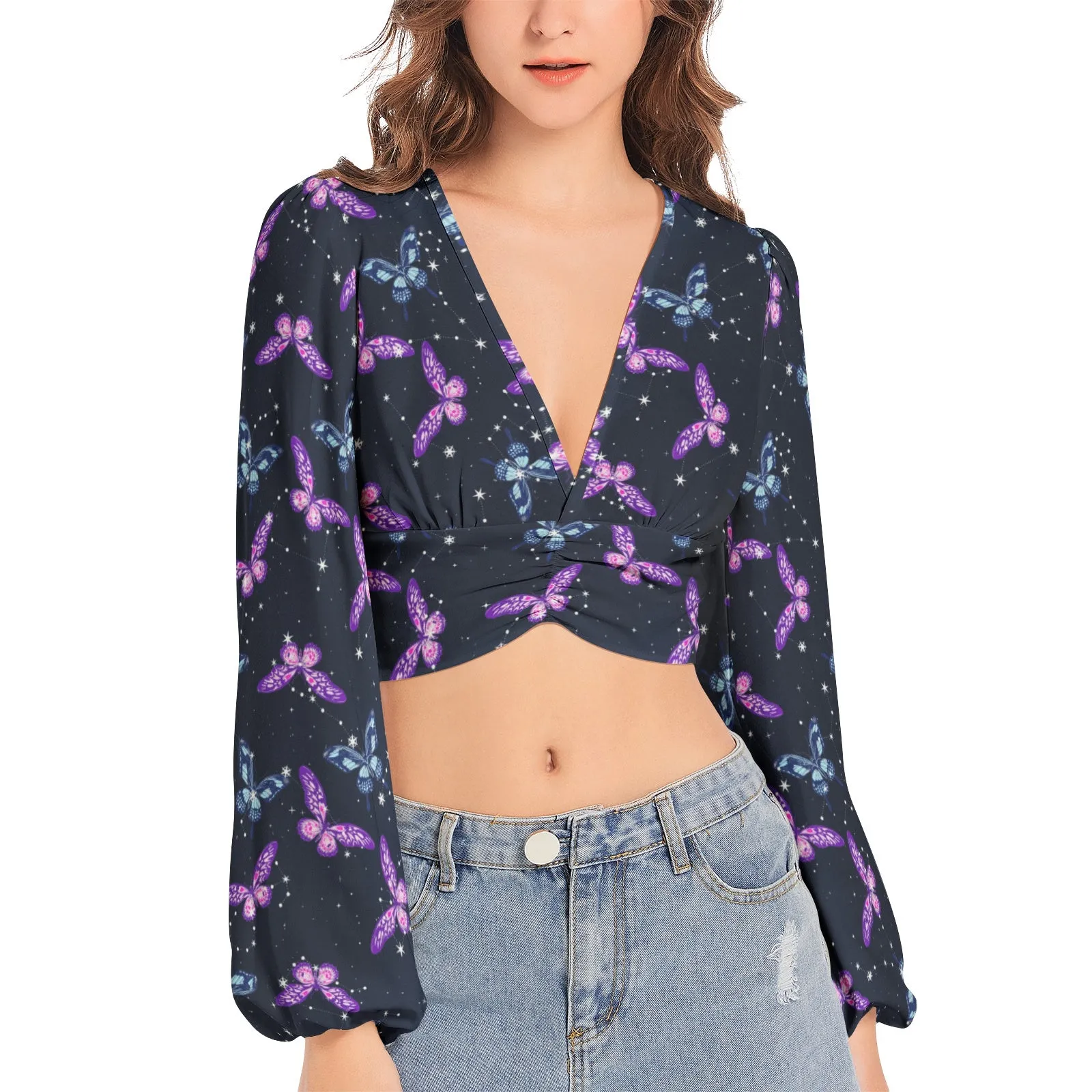 Astral Butterflies Women's Deep V-Neck Lantern Sleeve Crop Top
