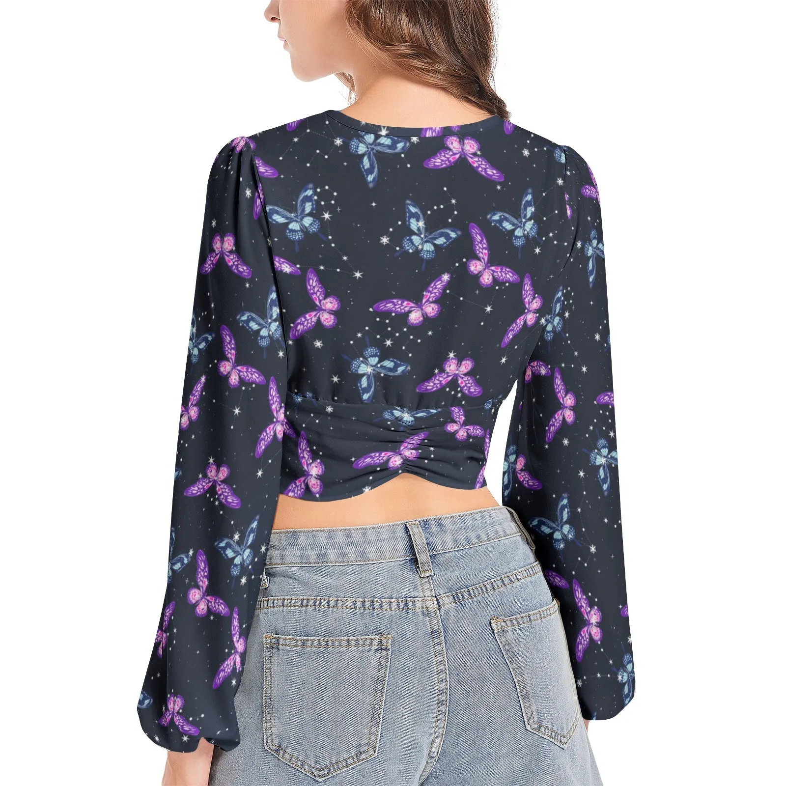 Astral Butterflies Women's Deep V-Neck Lantern Sleeve Crop Top