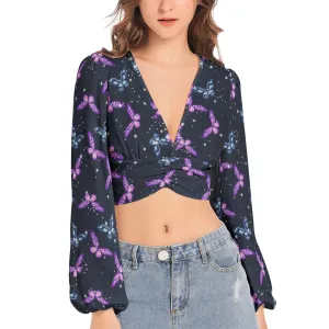 Astral Butterflies Women's Deep V-Neck Lantern Sleeve Crop Top