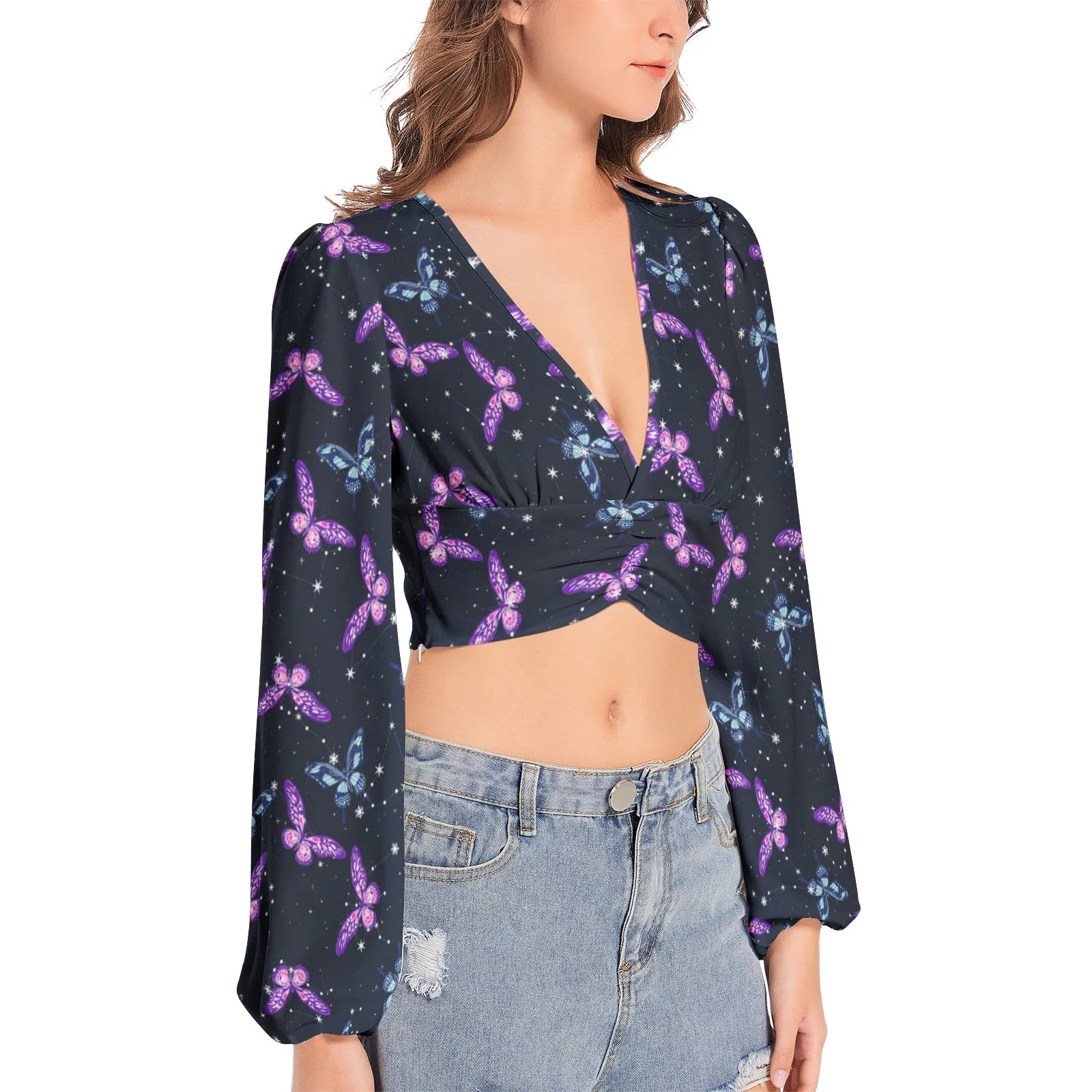 Astral Butterflies Women's Deep V-Neck Lantern Sleeve Crop Top