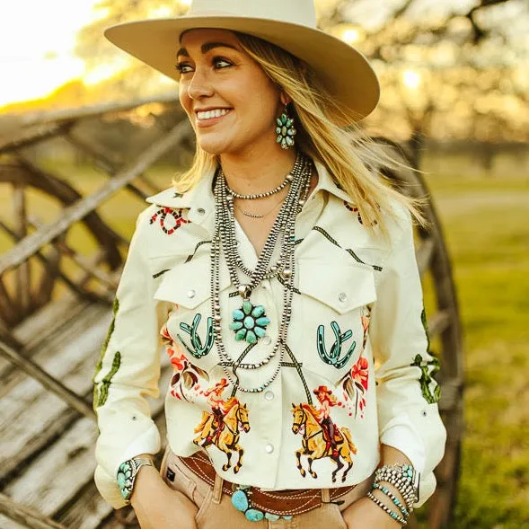 Beige Rodeo Cowgirl Cactus Printed Oversize Crop Shirt at Bourbon Cowgirl