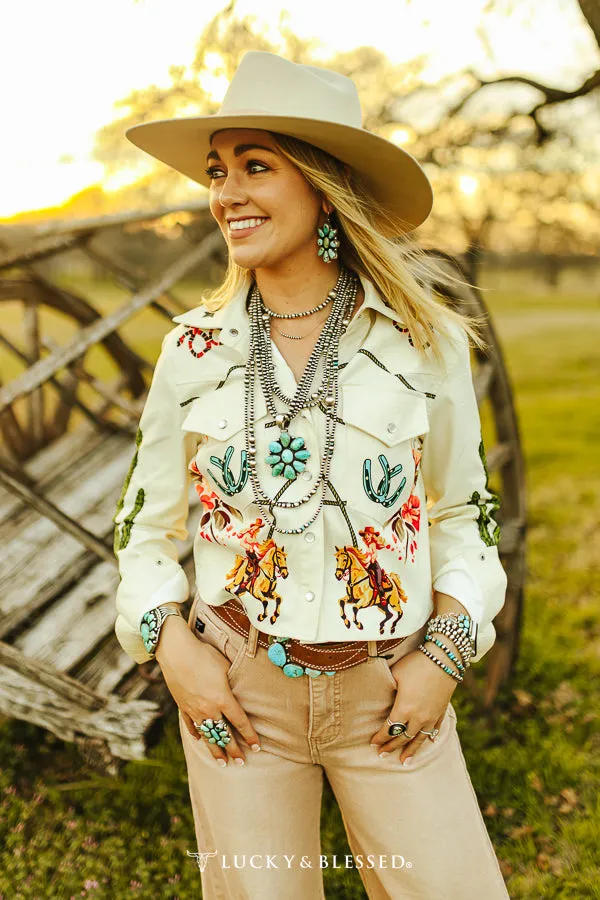 Beige Rodeo Cowgirl Cactus Printed Oversize Crop Shirt at Bourbon Cowgirl
