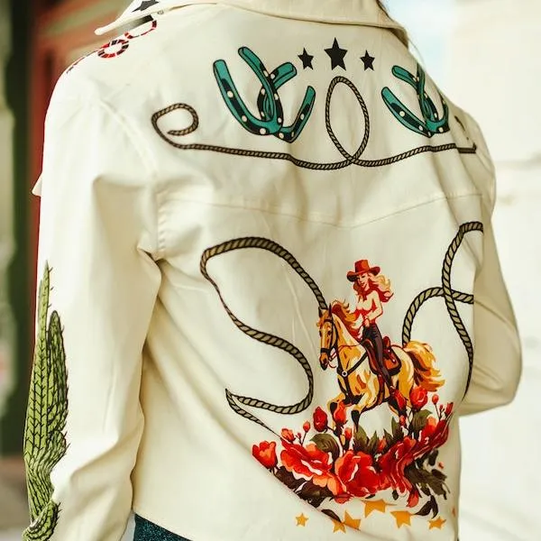 Beige Rodeo Cowgirl Cactus Printed Oversize Crop Shirt at Bourbon Cowgirl