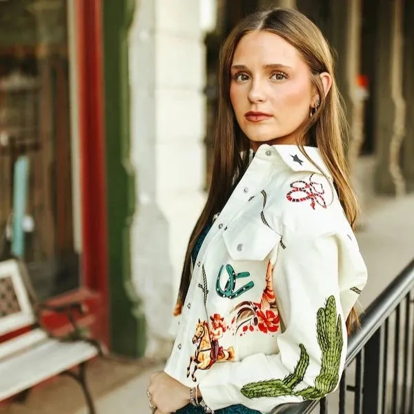 Beige Rodeo Cowgirl Cactus Printed Oversize Crop Shirt at Bourbon Cowgirl