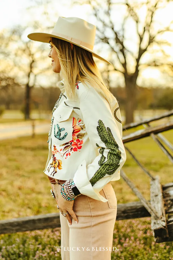 Beige Rodeo Cowgirl Cactus Printed Oversize Crop Shirt at Bourbon Cowgirl