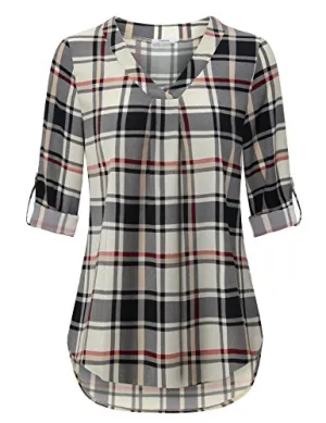 Black Beige Womens 3/4 Cuffed Sleeve Chiffon Printed V Neck Casual Blouse Shirt Tops - Youtalia