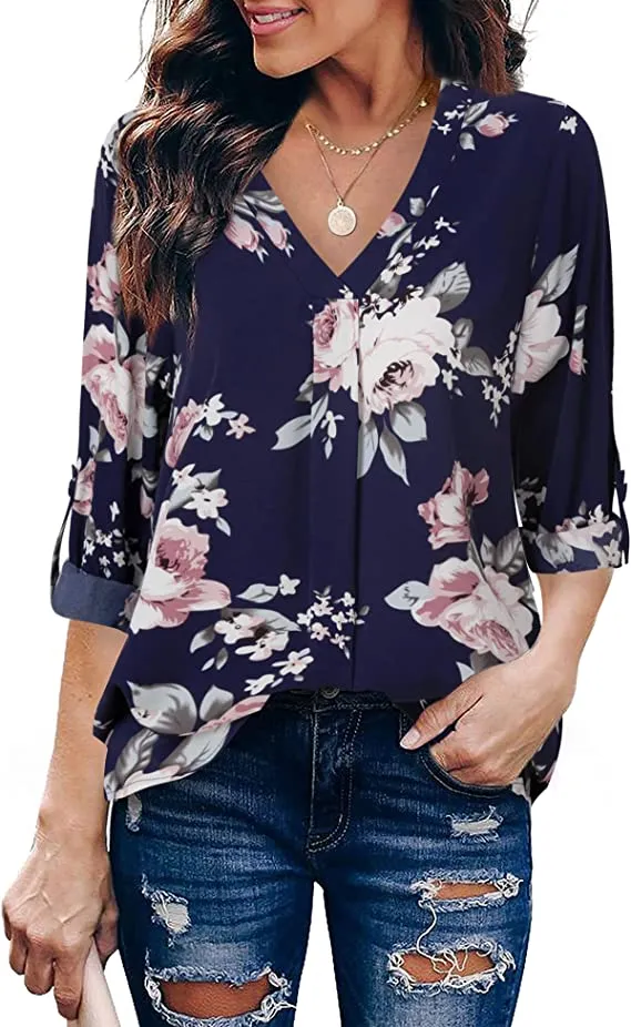 Black Beige Womens 3/4 Cuffed Sleeve Chiffon Printed V Neck Casual Blouse Shirt Tops - Youtalia