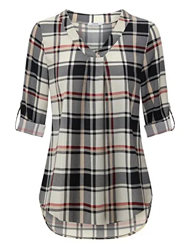 Black Beige Womens 3/4 Cuffed Sleeve Chiffon Printed V Neck Casual Blouse Shirt Tops - Youtalia