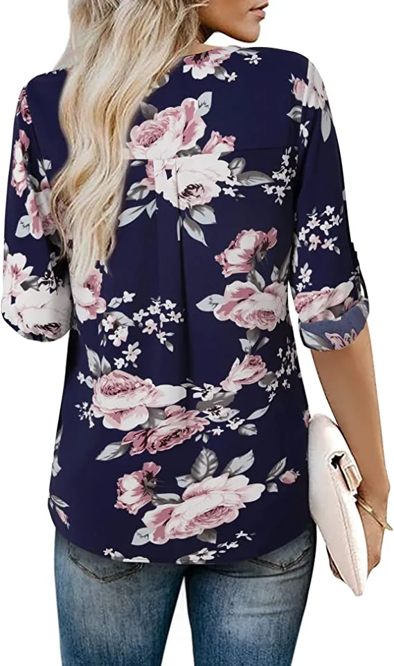 Black Beige Womens 3/4 Cuffed Sleeve Chiffon Printed V Neck Casual Blouse Shirt Tops - Youtalia