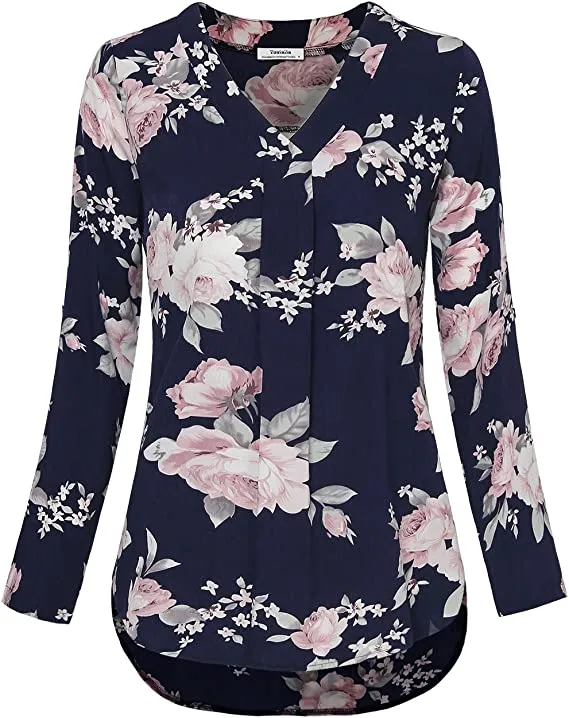 Black Beige Womens 3/4 Cuffed Sleeve Chiffon Printed V Neck Casual Blouse Shirt Tops - Youtalia
