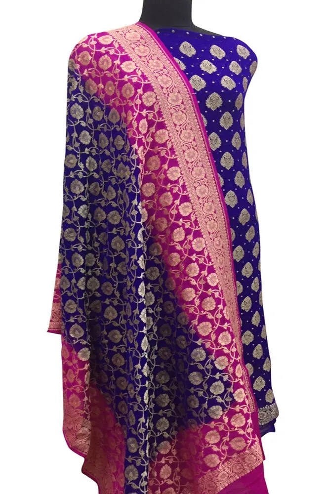 Blue Banarasi Pure Georgette Two Piece Unstitched Leaf Design Suit Set