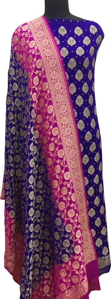 Blue Banarasi Pure Georgette Two Piece Unstitched Leaf Design Suit Set