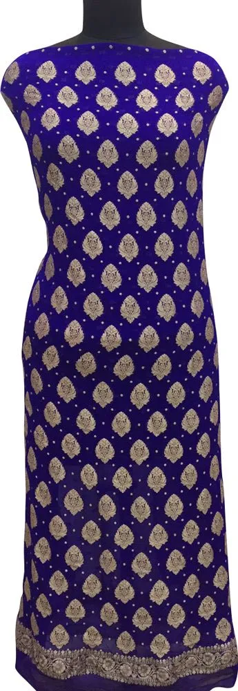 Blue Banarasi Pure Georgette Two Piece Unstitched Leaf Design Suit Set