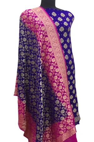 Blue Banarasi Pure Georgette Two Piece Unstitched Leaf Design Suit Set