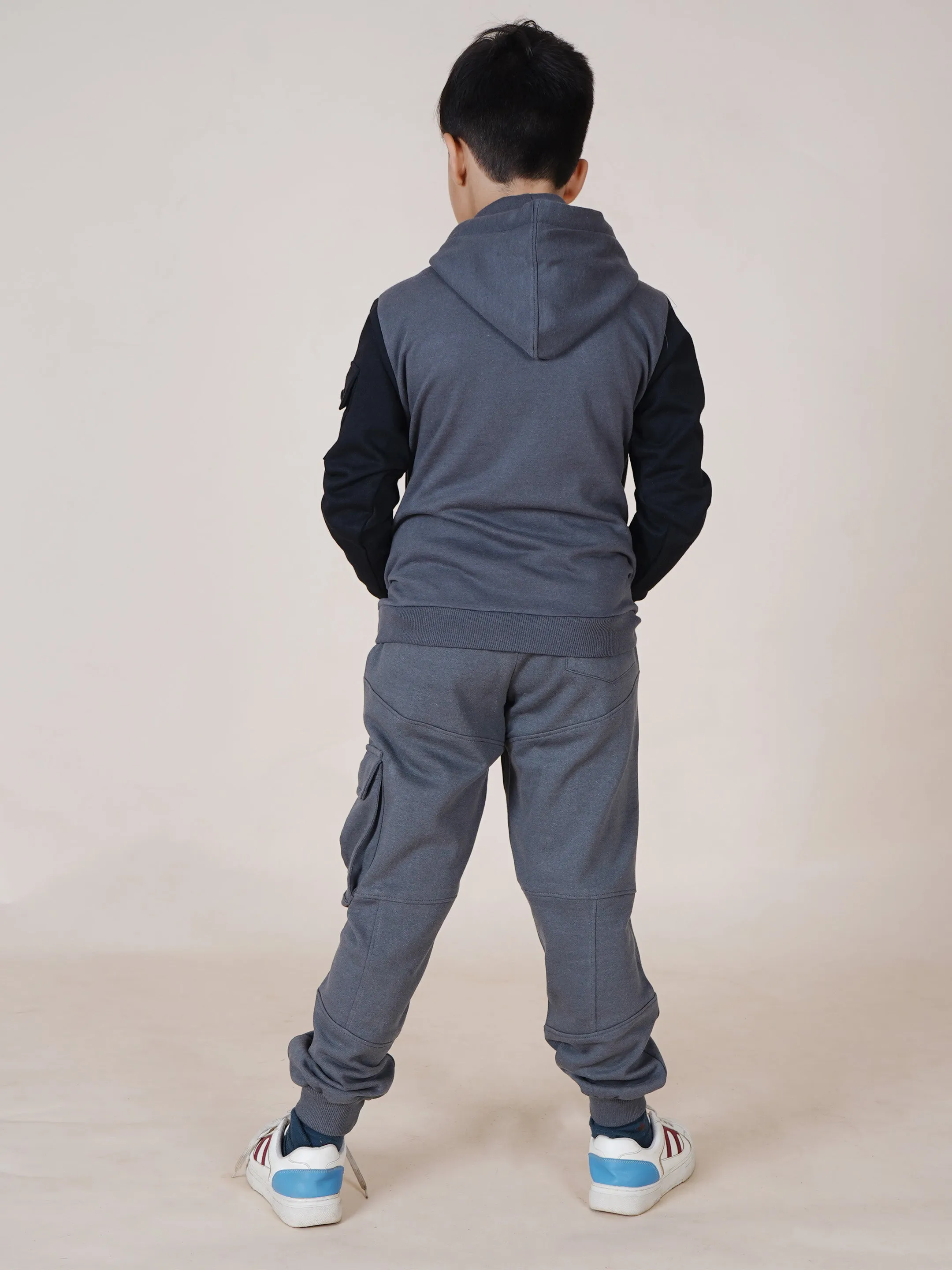 Boys Fleece Full Sleeves Cut & Sew Pocket Hooded Sweatshirt With Joggers