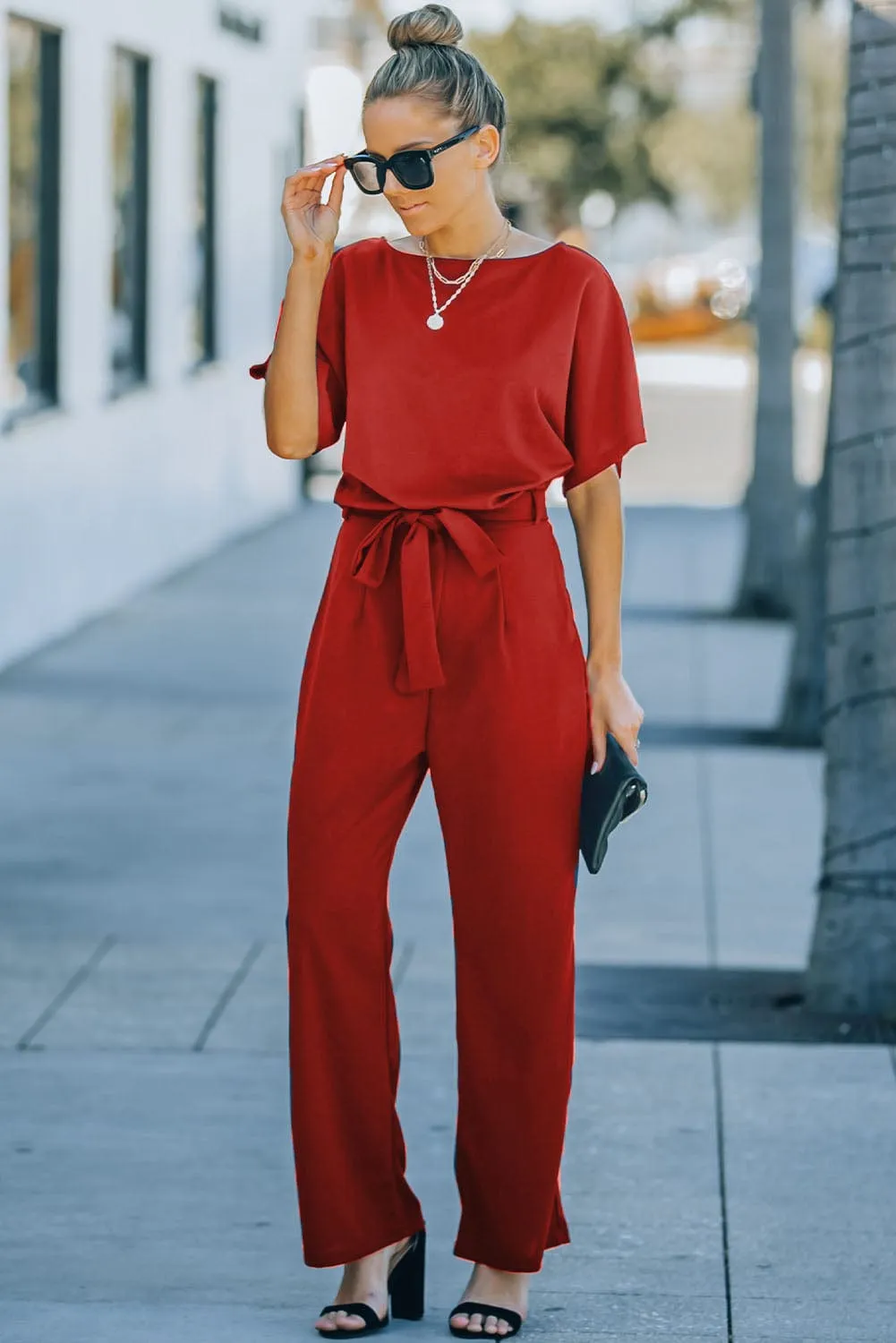 Burning Red Belted Wide-Leg Jumpsuit