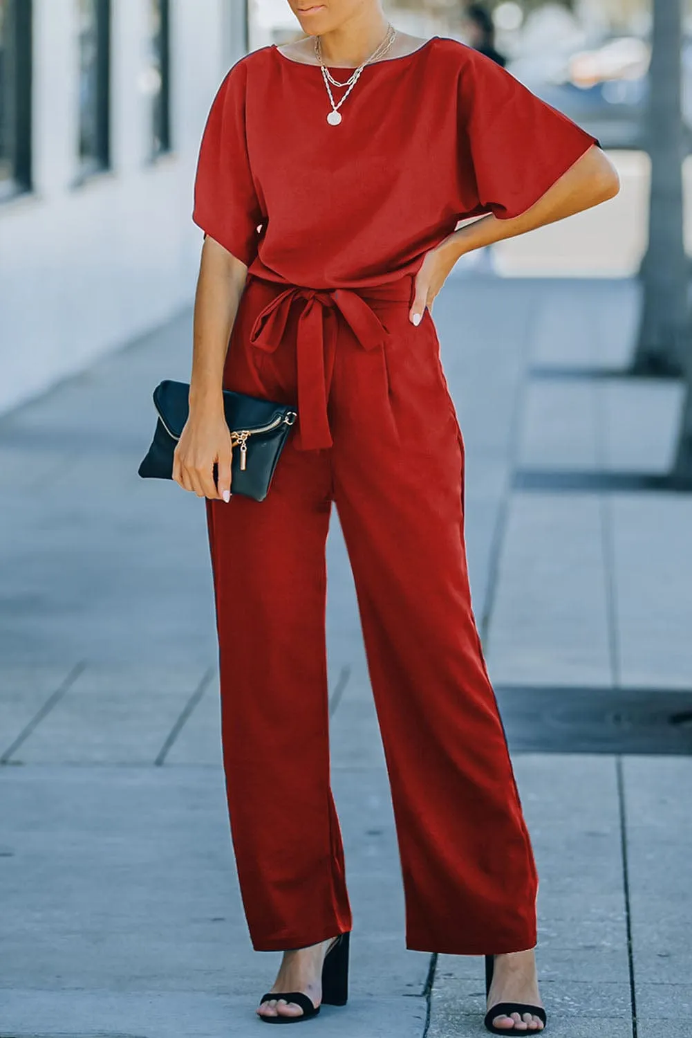 Burning Red Belted Wide-Leg Jumpsuit