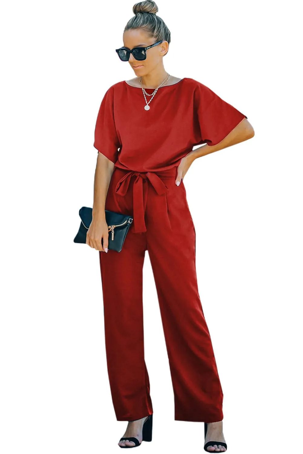 Burning Red Belted Wide-Leg Jumpsuit