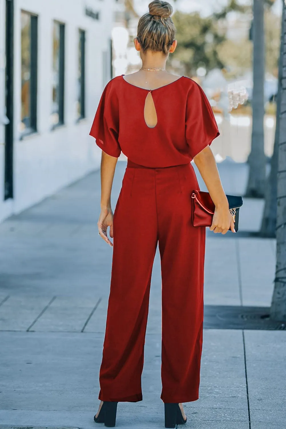 Burning Red Belted Wide-Leg Jumpsuit