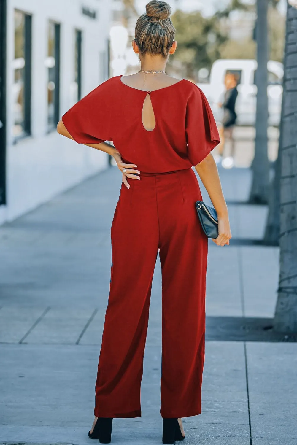 Burning Red Belted Wide-Leg Jumpsuit