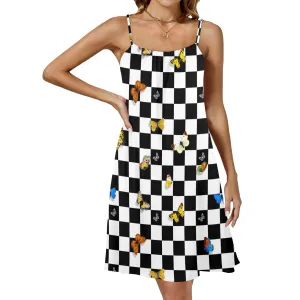 butterfly checker bw print Drawstring Neck Sleeveless Dress (Model D68)
