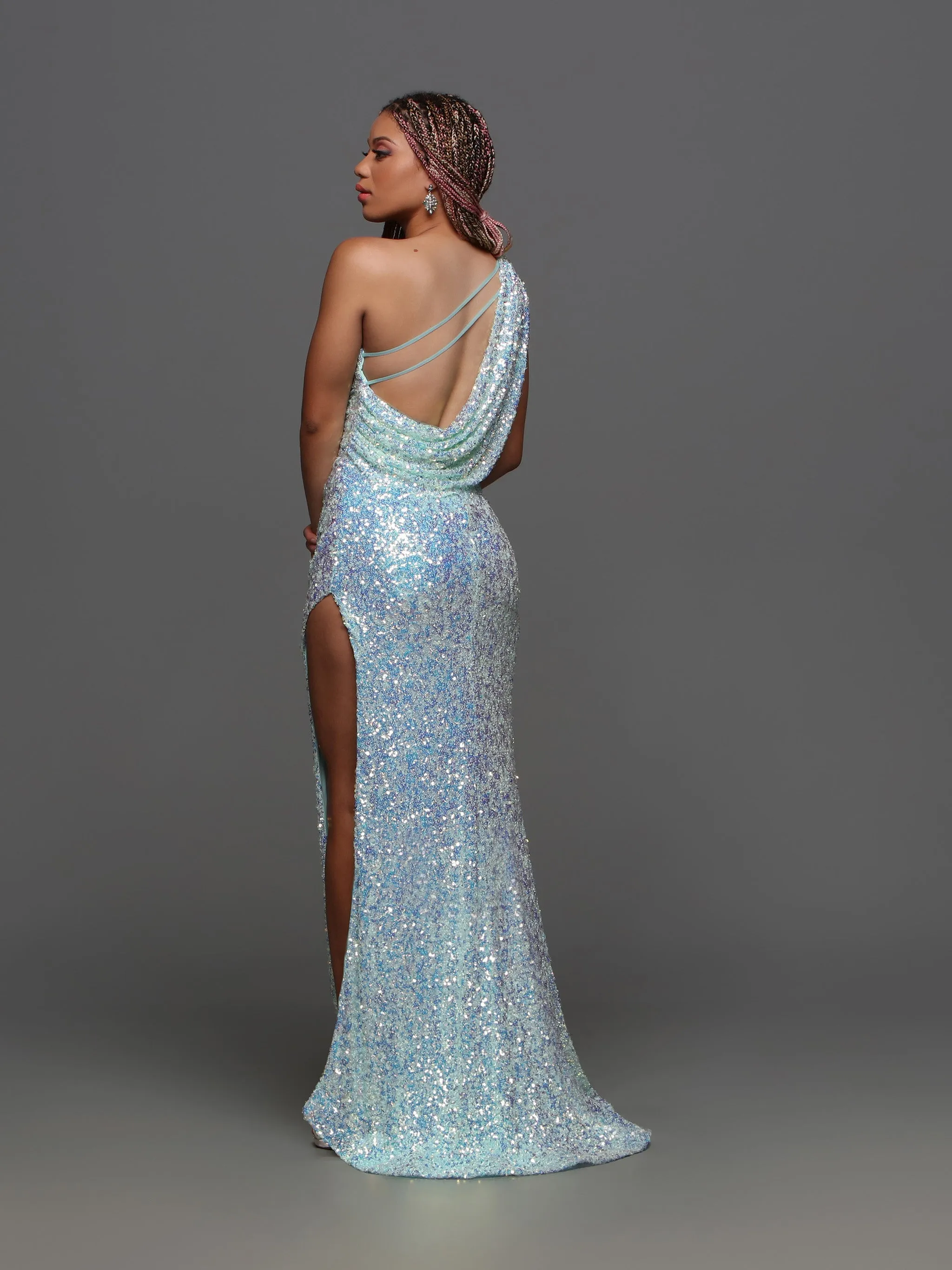 Candice Wang 72346 Size 6 Aqua Sequin One Shoulder High Slit Prom Dress Draped Open Back Formal Gown