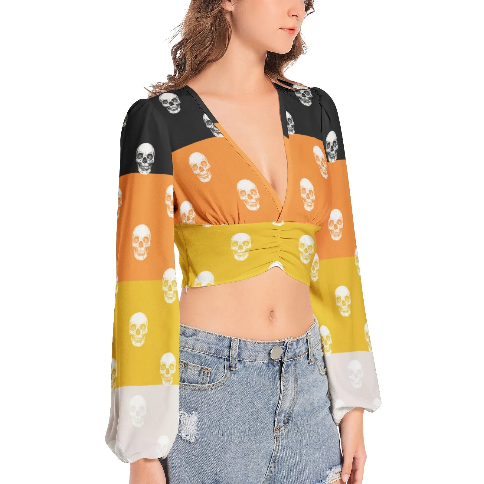 Candy Corn and Bone headsWomen's Deep V-Neck Lantern Sleeve Crop Top