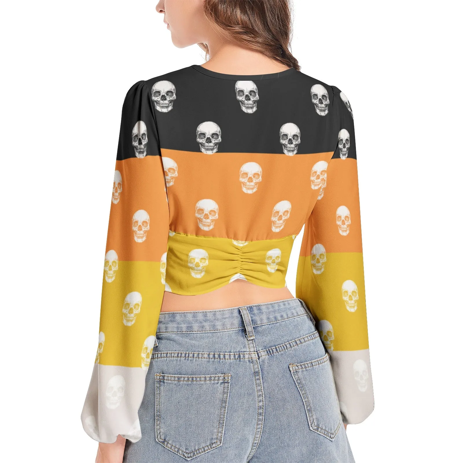Candy Corn and Bone headsWomen's Deep V-Neck Lantern Sleeve Crop Top