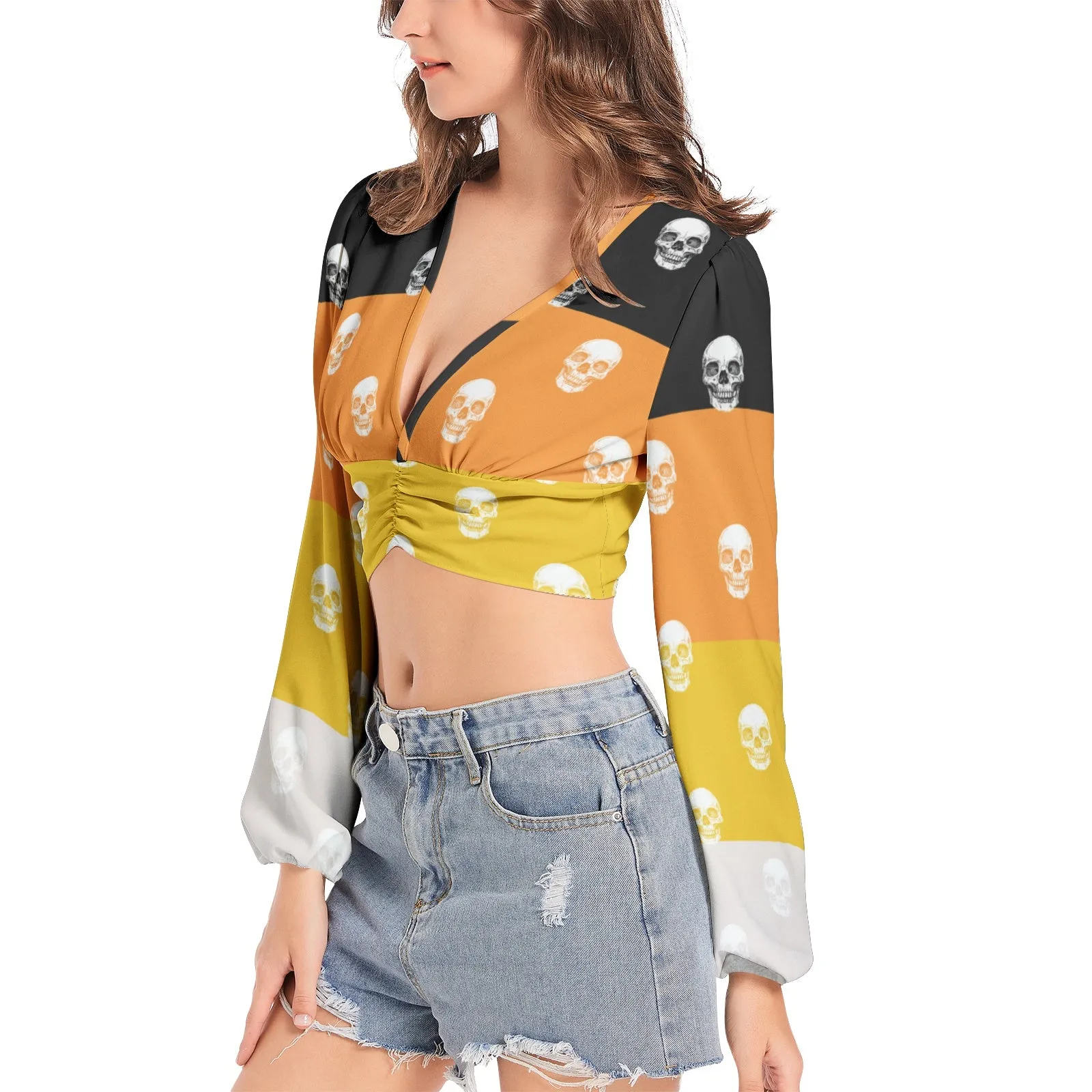 Candy Corn and Bone headsWomen's Deep V-Neck Lantern Sleeve Crop Top